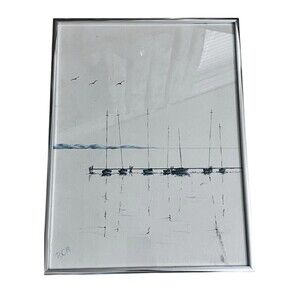 Original Minimal Seascape Sailing Boats Acrylic Painting Framed Vintage Blue